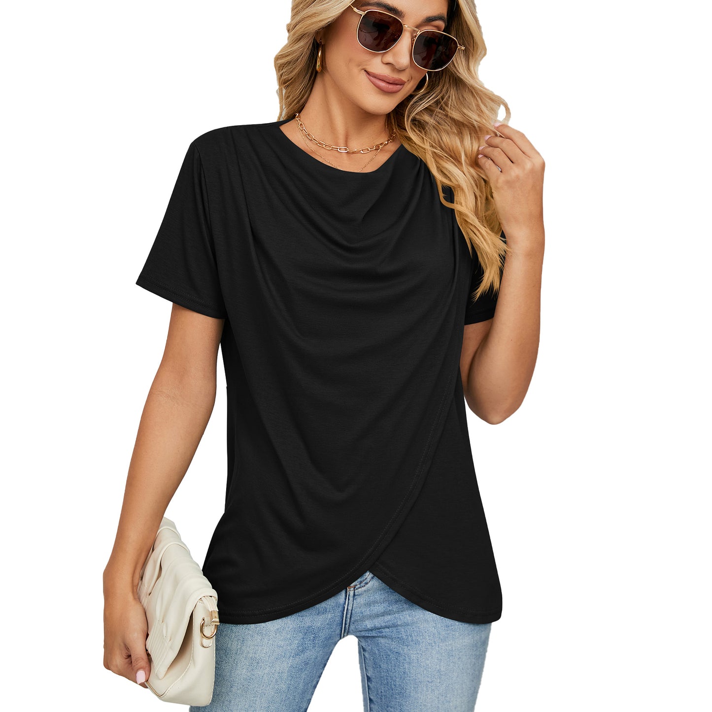 Women's Solid Color Round Neck Cross Loose Blouses