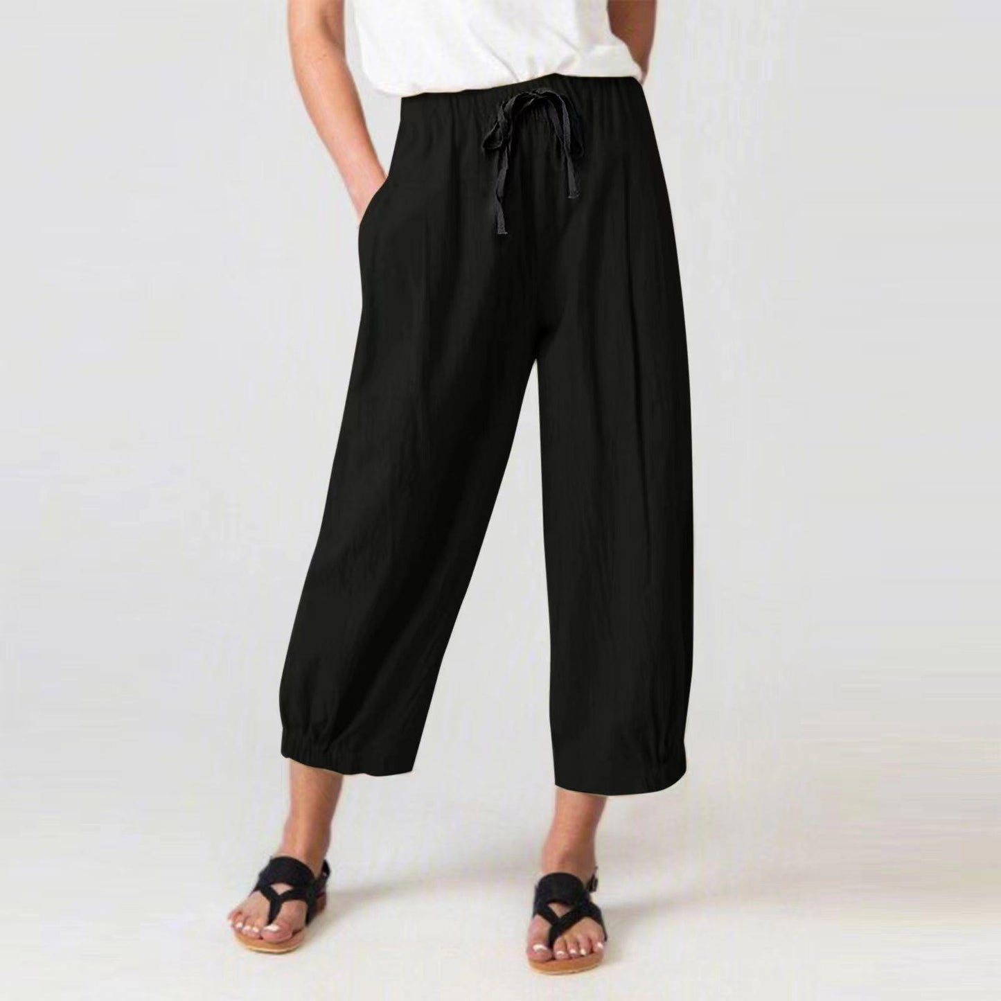 Women's Cotton Linen Drawstring Cropped Pocket Casual Pants