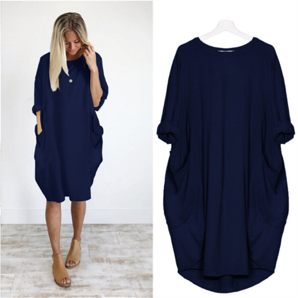 Women's Casual Loose Pockets Long Sleeve Full-figured Dresses