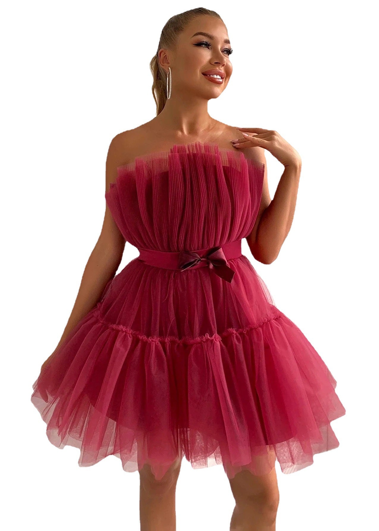 Women's Tube Mesh Graceful Bow Pettiskirt Dress Tops