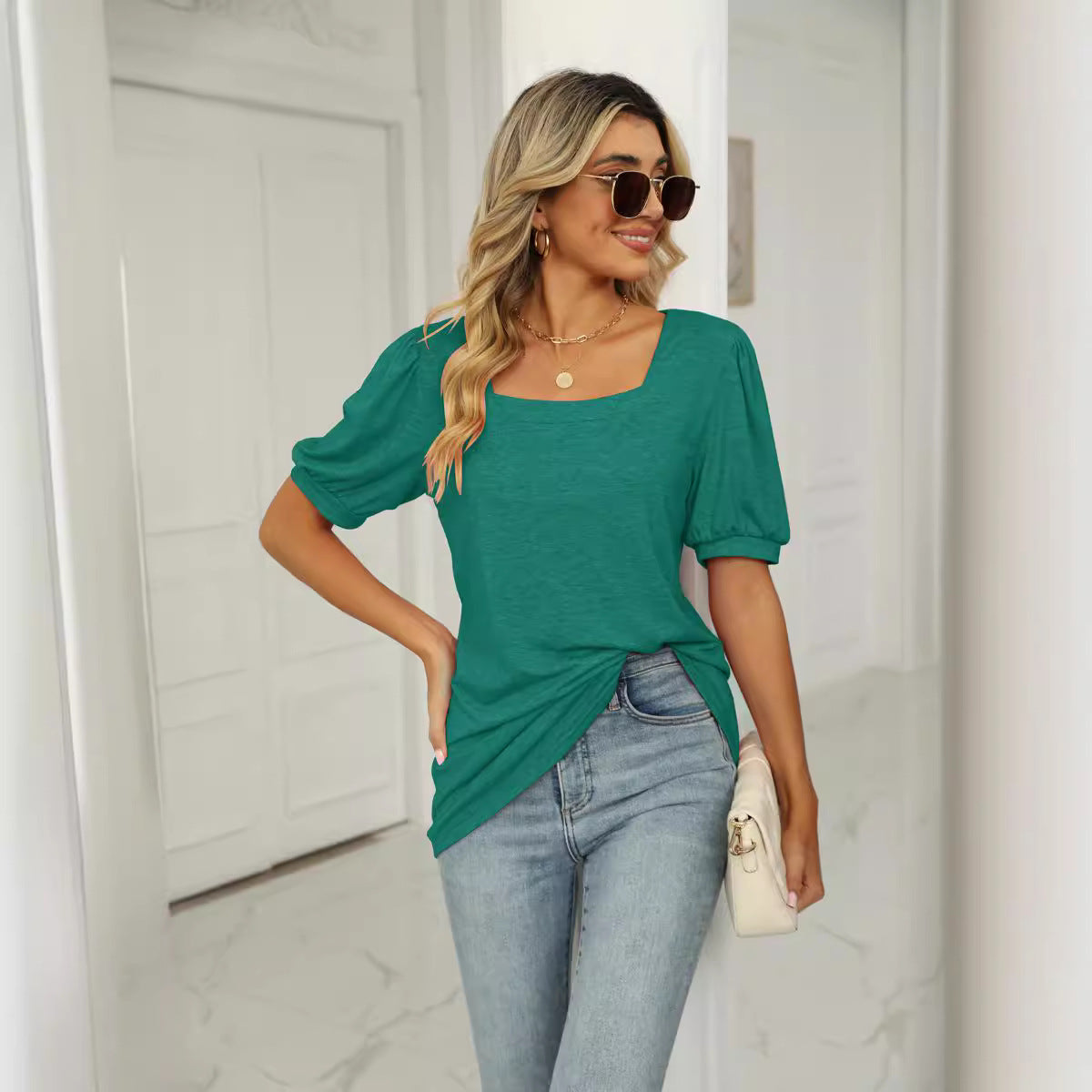 Women's T-shirt Solid Color Square Collar Pleated Blouses