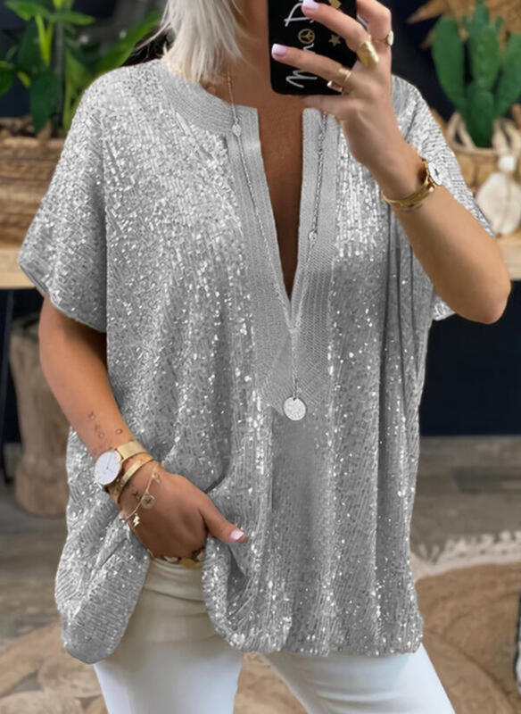 Slouchy Cool Deep V-neck Sequins Patchwork Blouses