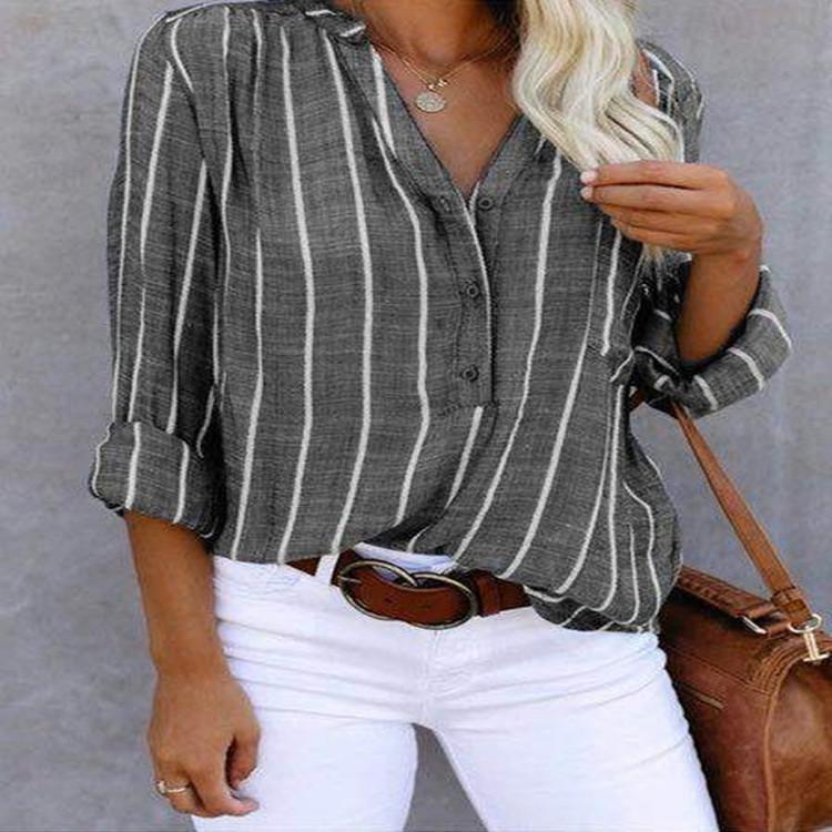 Women's Shirt Striped Half Casual Long Sleeve Blouses