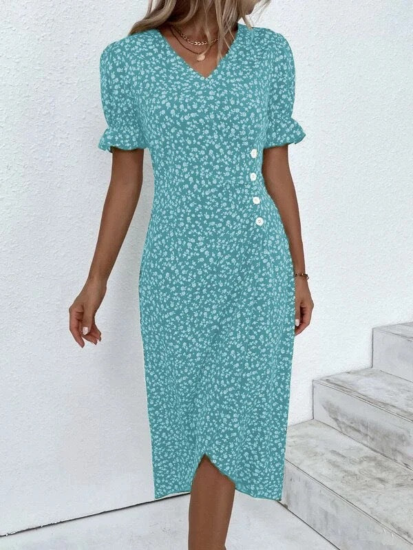 Women's Summer Printed Button Irregular Hem For Dresses