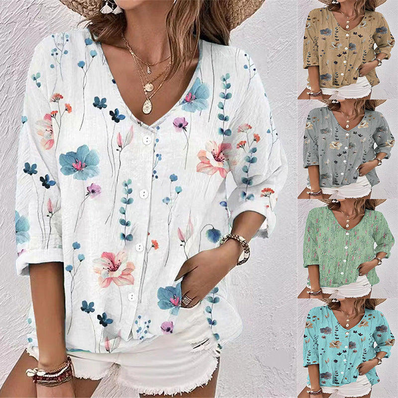 Women's Buttons Chiffon Printed Long Sleeve Blouses