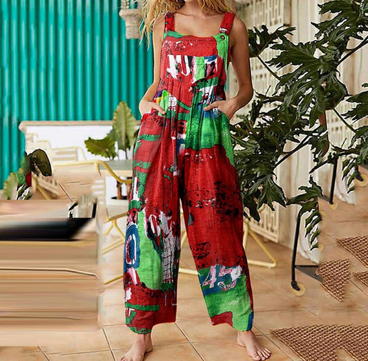 Women's Spring Fashion Patchwork Printed Button Bib Pants