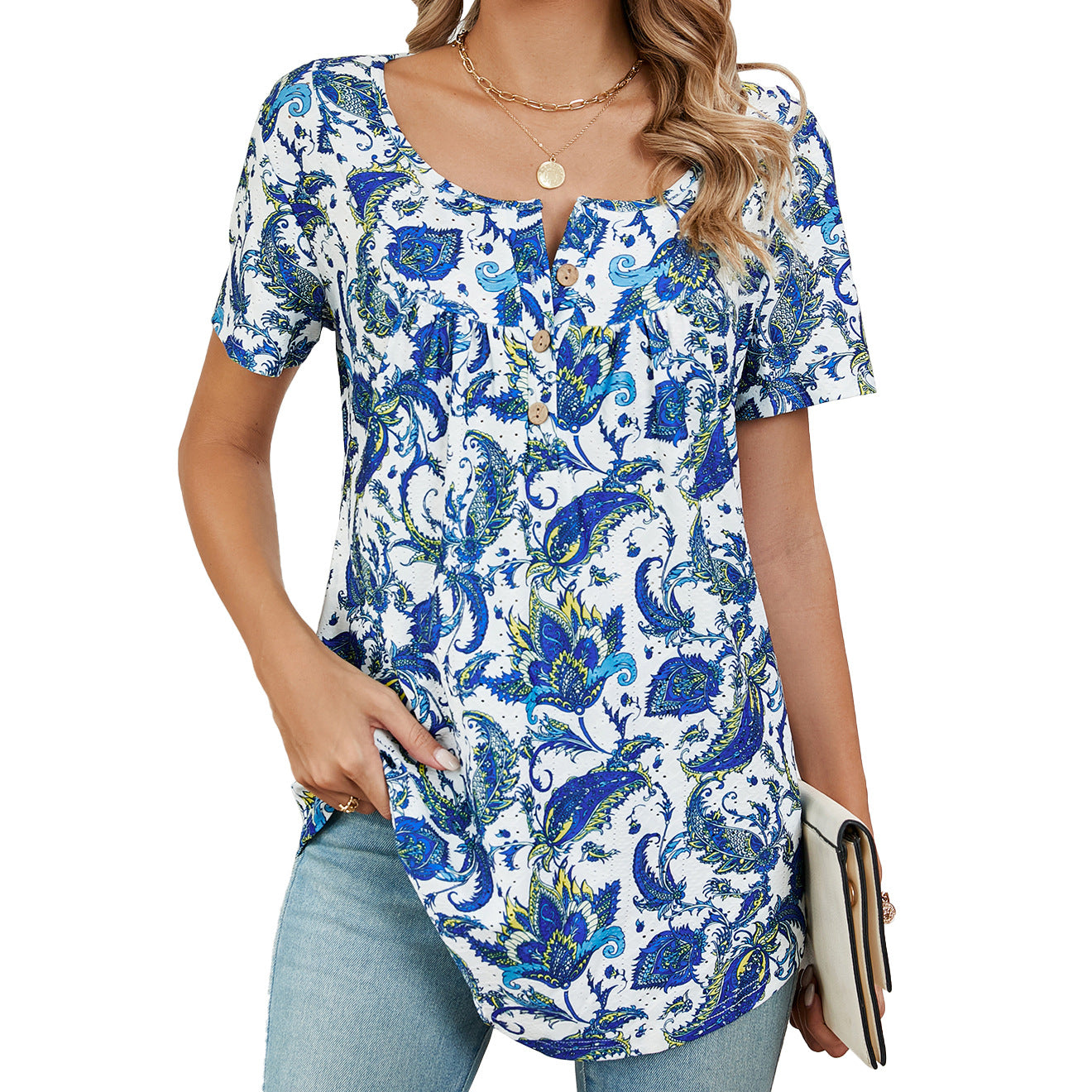 Women's Pleating Button Loose Printed Sleeve Dovetail Blouses