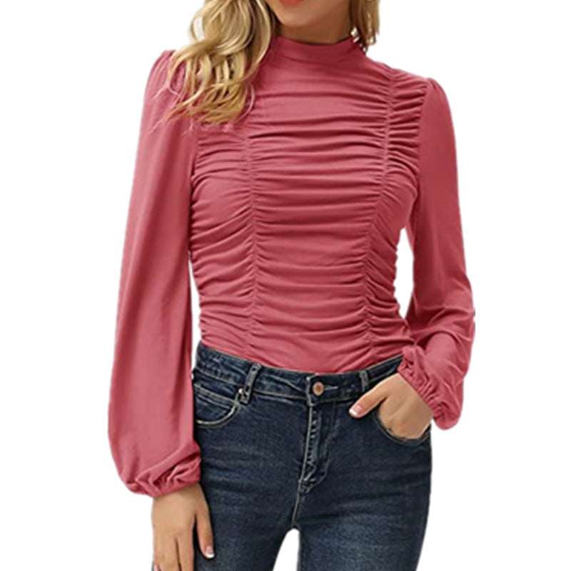 Women's Color Long Lantern Sleeve Turtleneck Pleated Slim Blouses