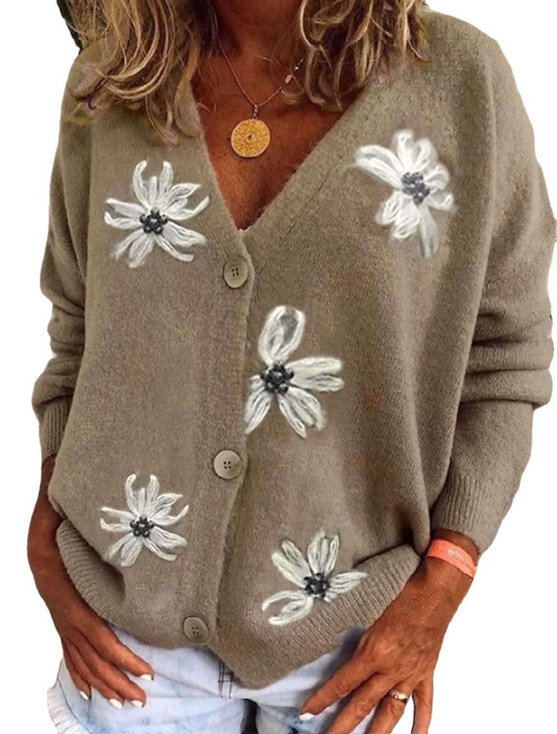 New Women's Long-sleeved Embroidered V-neck Knitted Cardigans