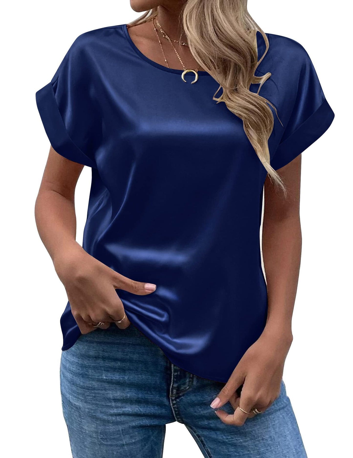 Women's Popular Short-sleeved Satin Loose-fitting Round-neck Blouses