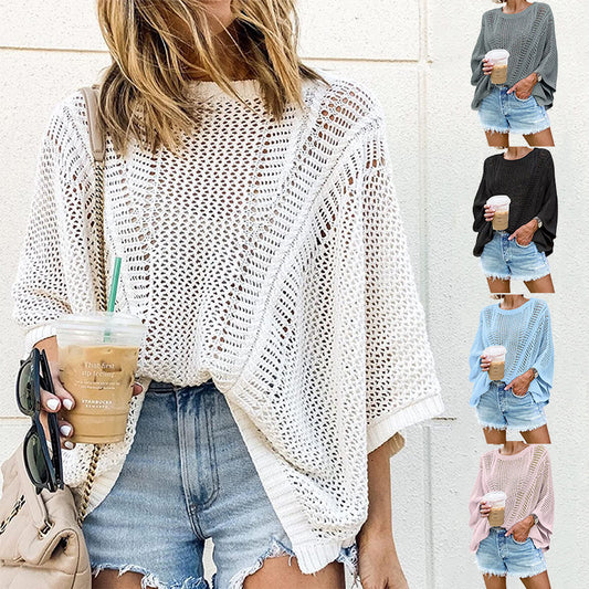 Sexy Vacation Loose Mesh Knitted Hollow Blouses