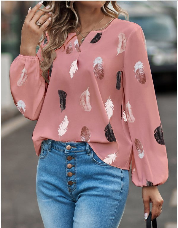 Women's V-neck Feather Print Long-sleeved Loose Blouses