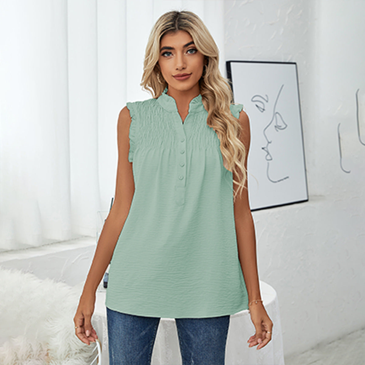 Sleeveless Turtleneck Buttons Frill Loose Casual Tops