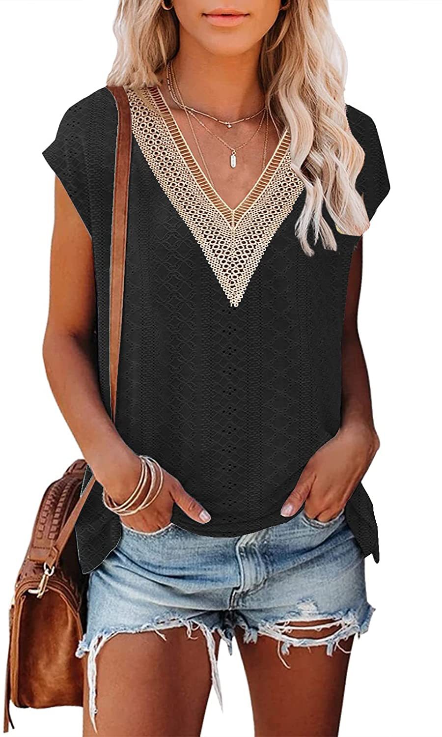 Women's Summer T-shirt Hole Stitching Lace Blouses