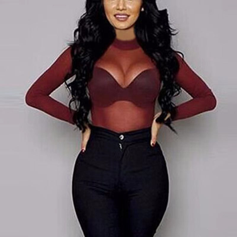 Women's Sexy Ultra Slim Mesh Stretch Tight Long Sleeve Half Blouses