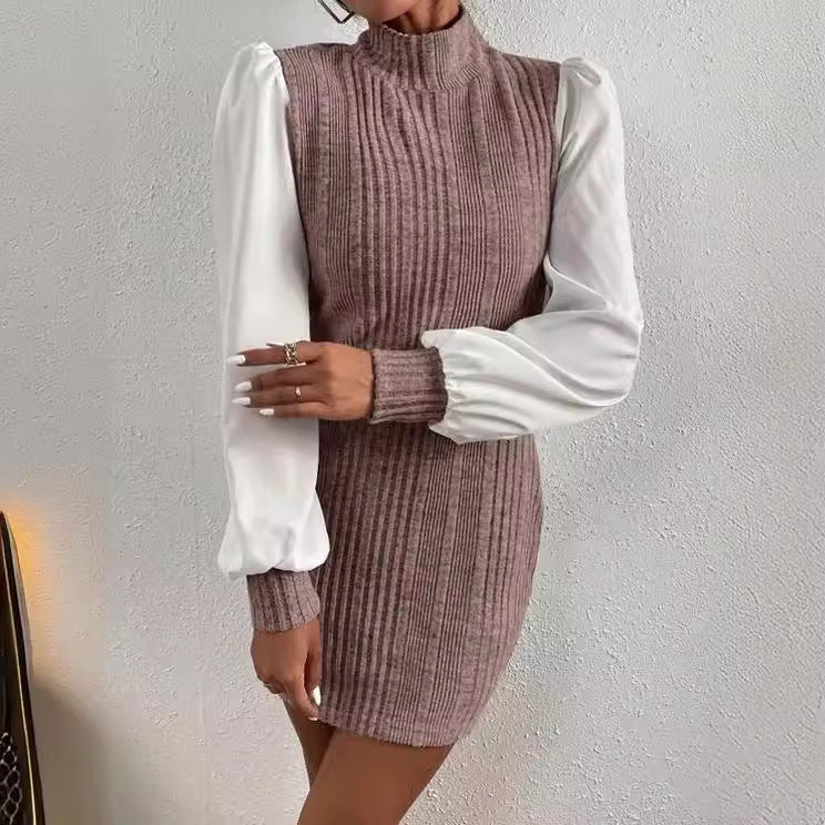 Fleece Rib Fashion High Collar Long Dresses