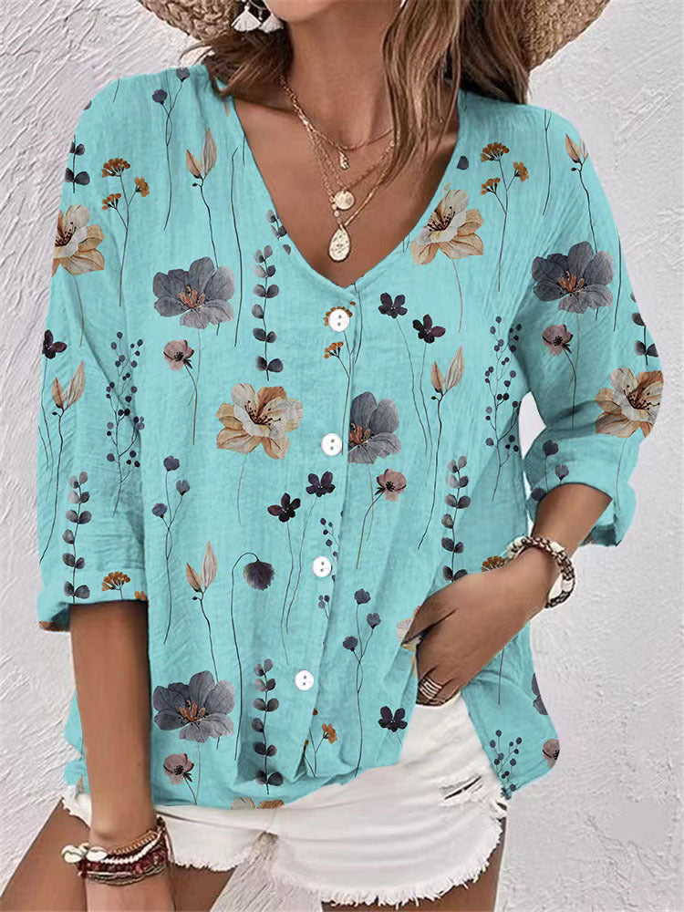 Women's Buttons Chiffon Printed Long Sleeve Blouses