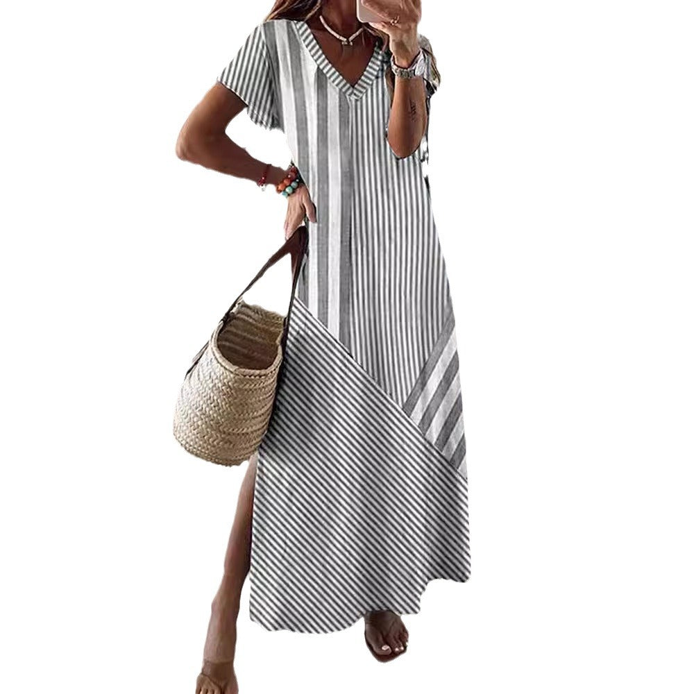 Women's Striped Positioning Printed Split Dress Dresses