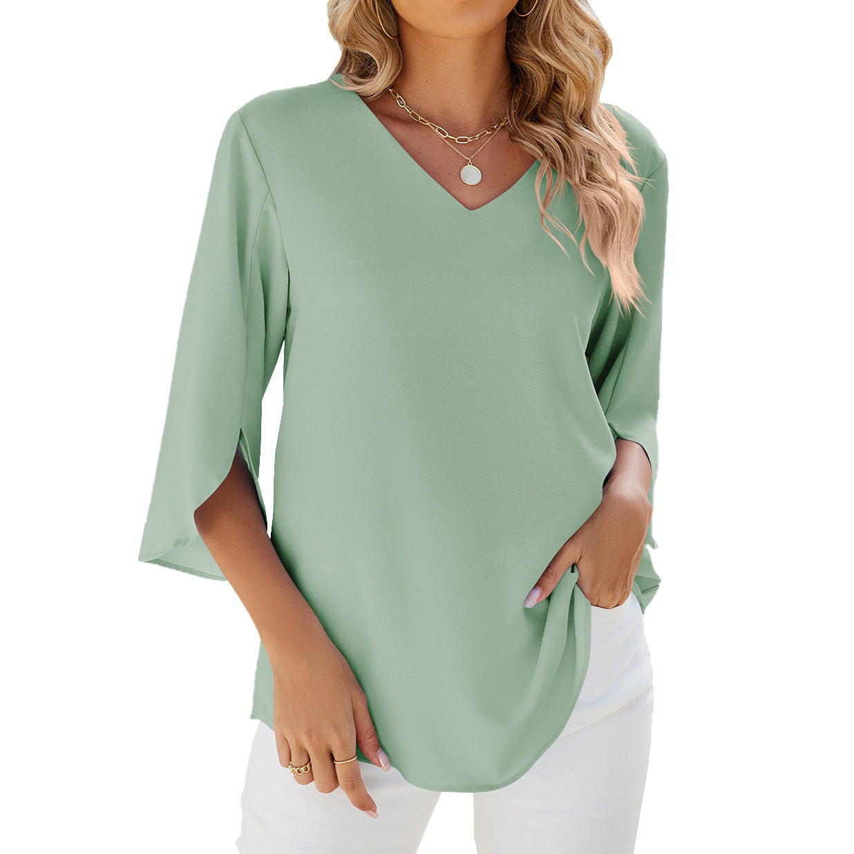 Women's Summer Solid Color Chiffon Half Sleeve Blouses