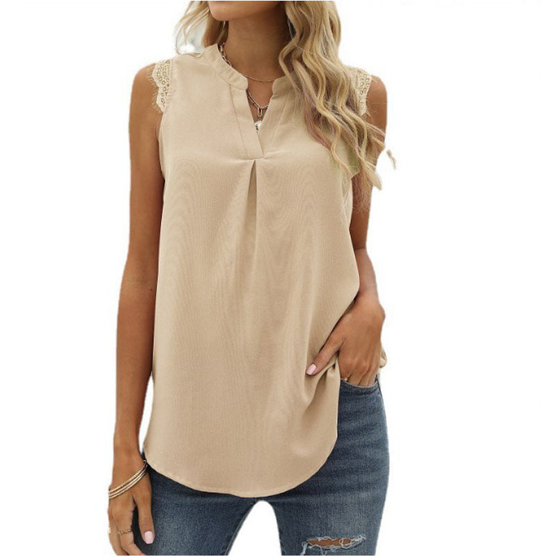 Women's Solid Color Shirt Loose Sleeveless Lace Blouses