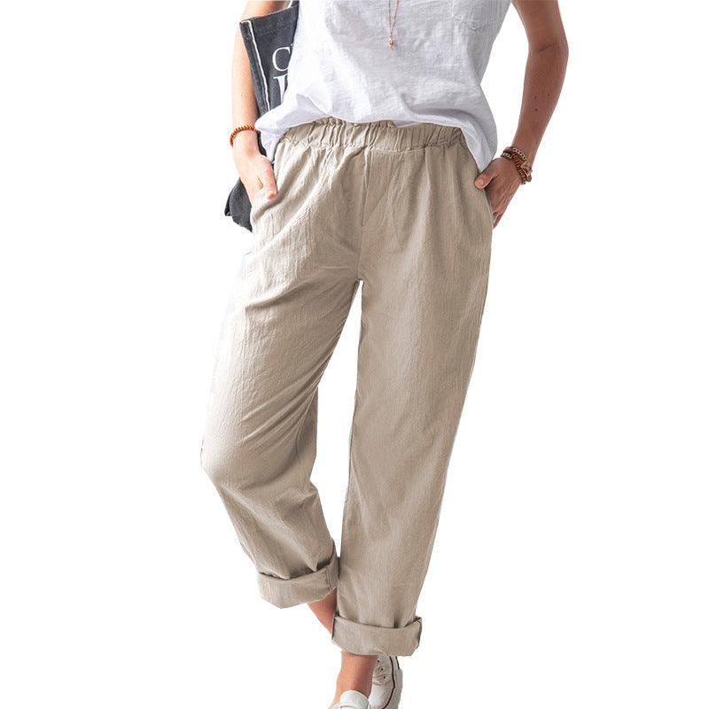 Women's Linen Trousers Solid Color Elastic High Pants