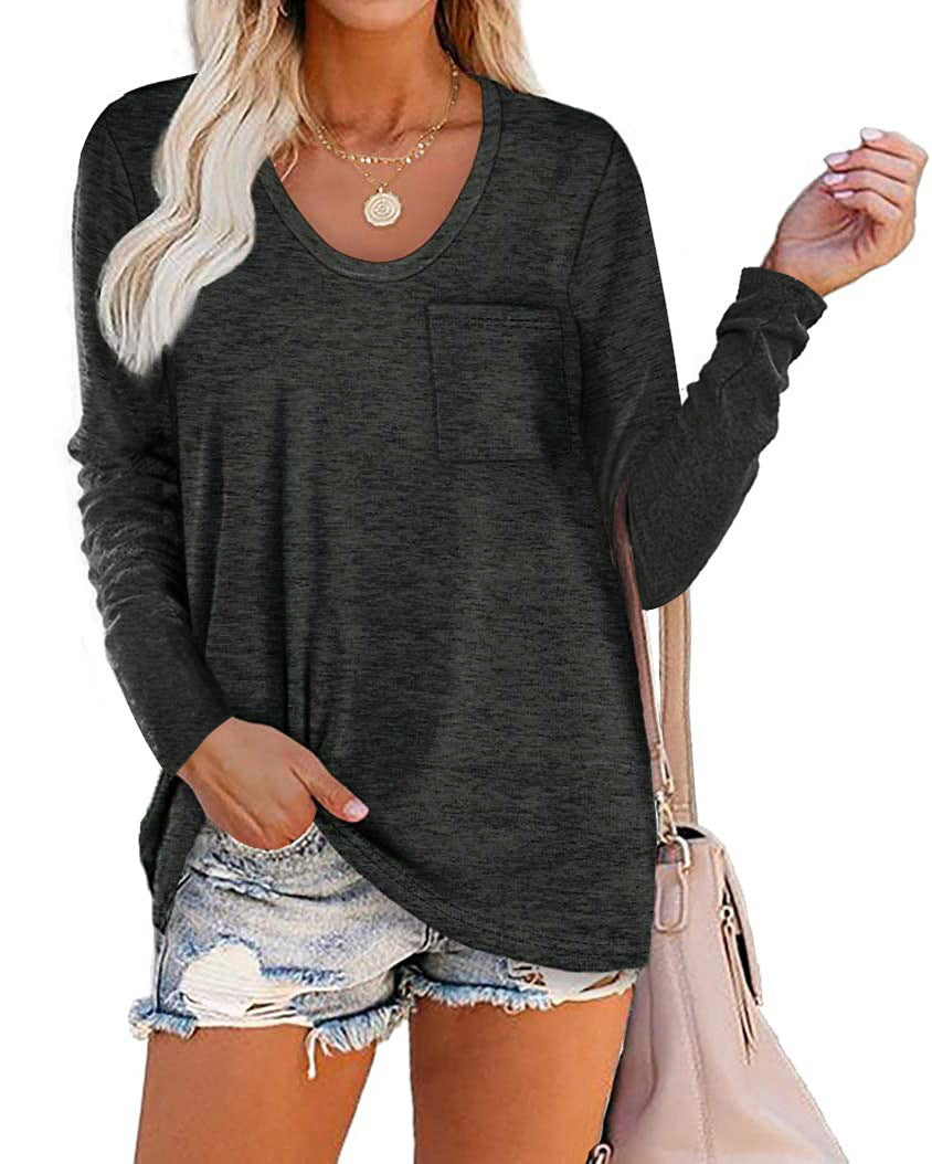 Women's T-shirt Round Neck Striped Pocket Long Sleeve Casual Tops