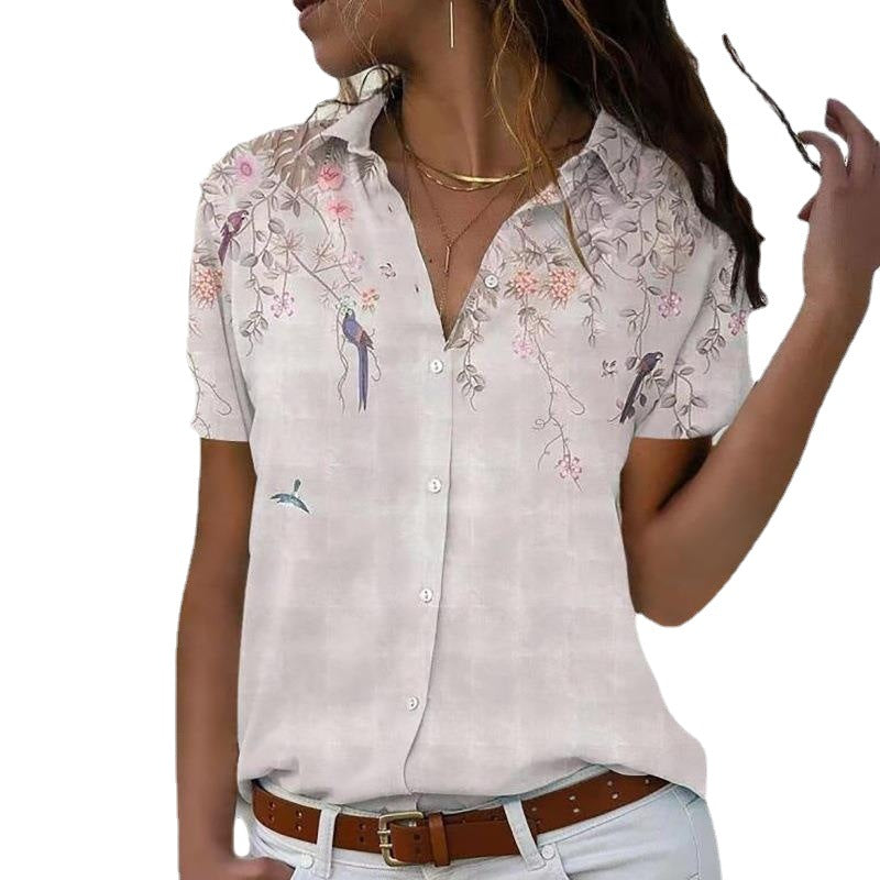 Women's Fashion Print Casual Short-sleeved Loose Button Blouses