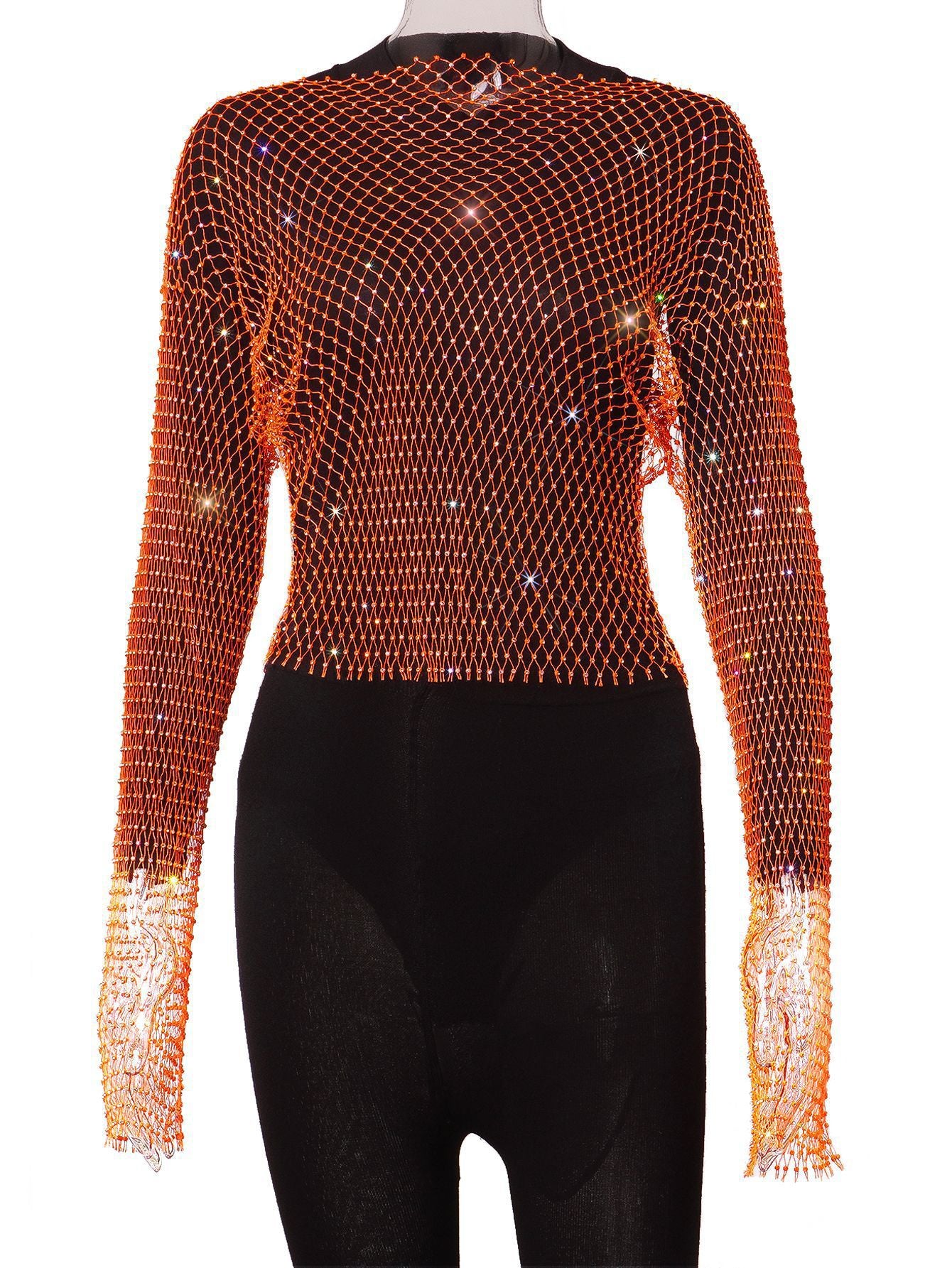 Women's Fishnet Rhinestone Mesh Round Neck Long Blouses