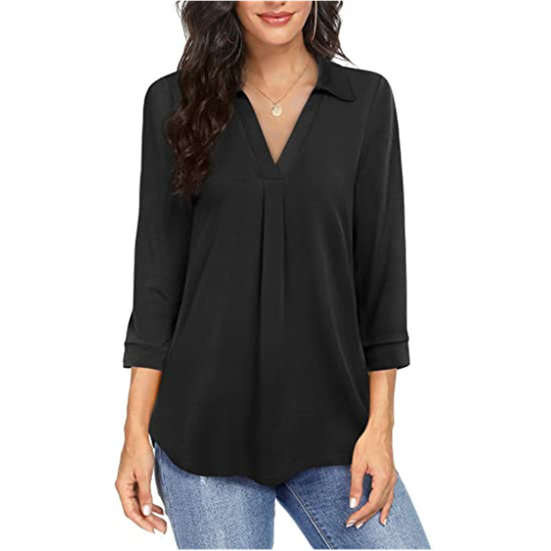 Pull élégant en mousseline de soie pour femme, ample, col en V, manches 3/4, chemisiers