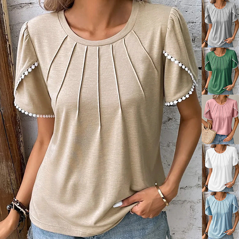 Women's Summer Round Neck Solid Color Pleated Blouses