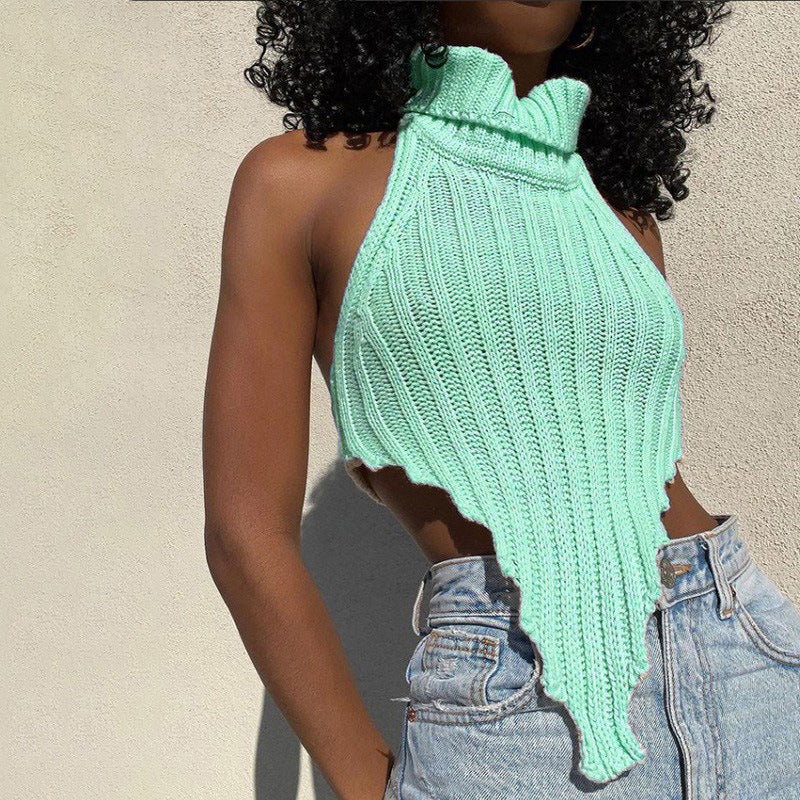 Sexy Backless Solid Color Turtleneck Irregular Knitting Tops