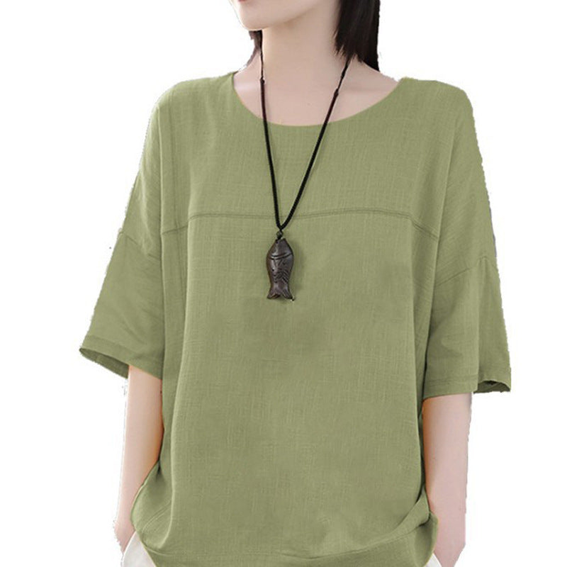 Women's Color Casual Short-sleeved Cotton And Linen Loose Bottoming Blouses