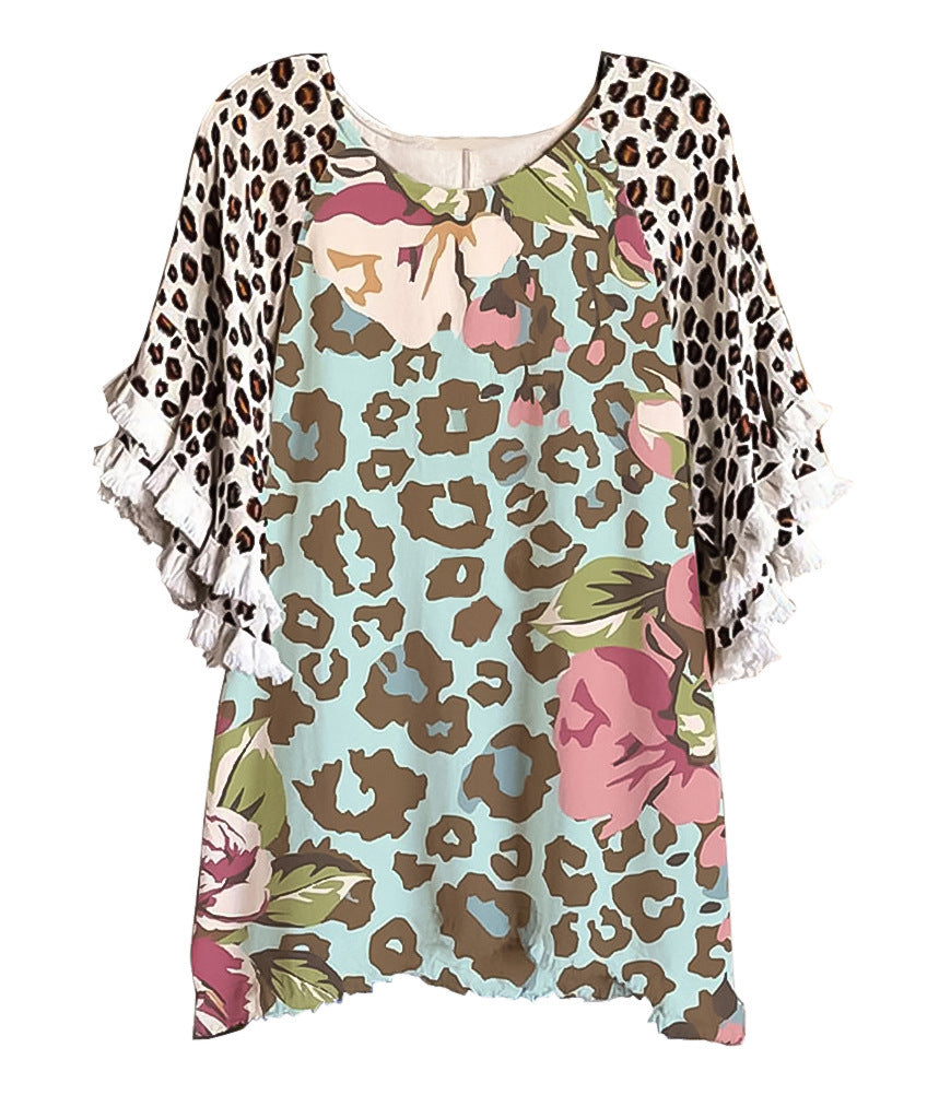 Women's Floral Ruffle Sleeve Round Neck Multicolor Blouses