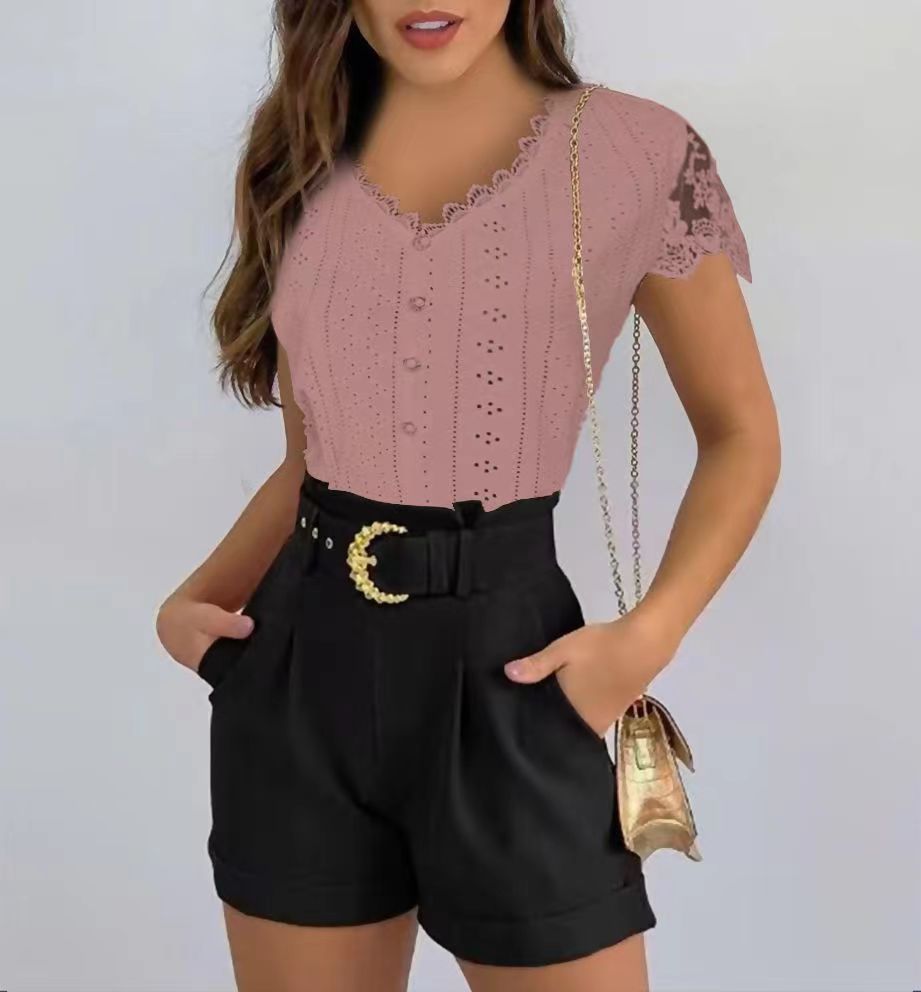 Fashion Solid Color Lace Sleeve T-shirt Blouses