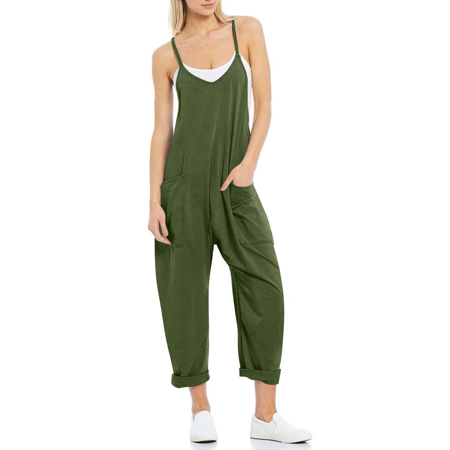 Women's Pocket Spaghetti Straps Knitted One-piece Trousers Jumpsuits