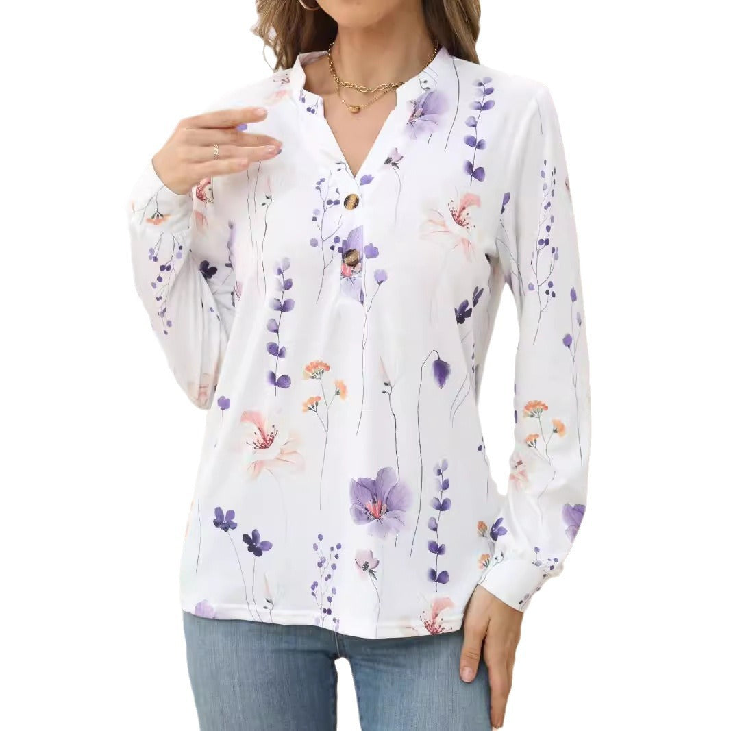 Women's Summer Long-sleeved Shirt Plant Flower Print Blouses