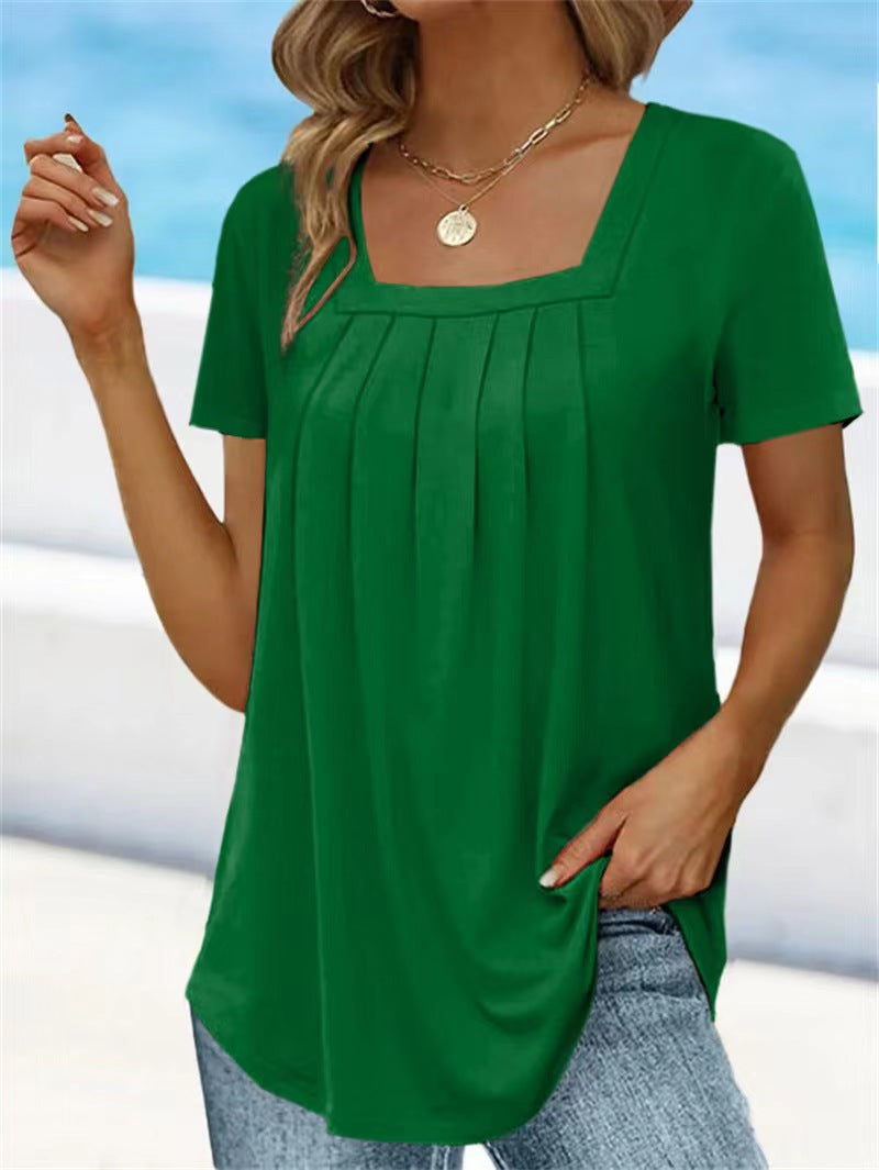 Women's Summer Pleated Square Collar Solid Color Blouses