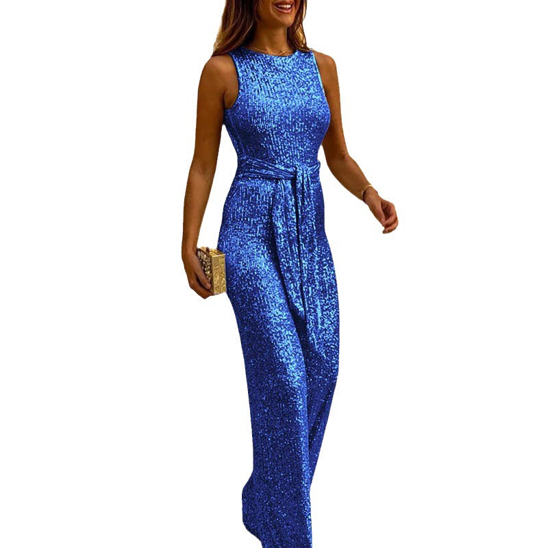 Women's Summer Round Neck Sleeveless Personalized Sequined Jumpsuits