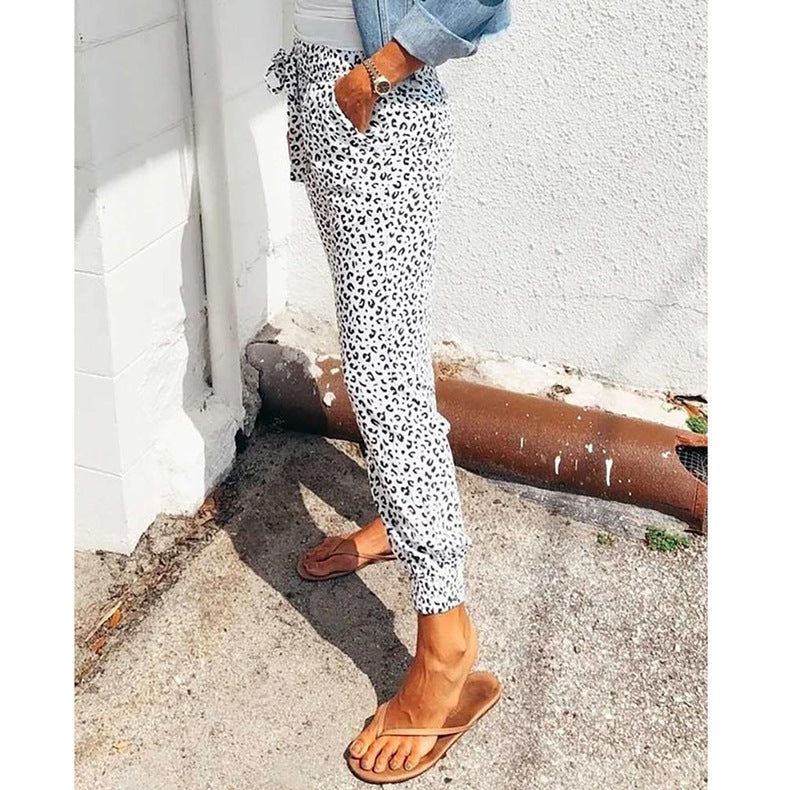 Women's Summer Trousers Loose Leopard Print Printed Drawstring Pants