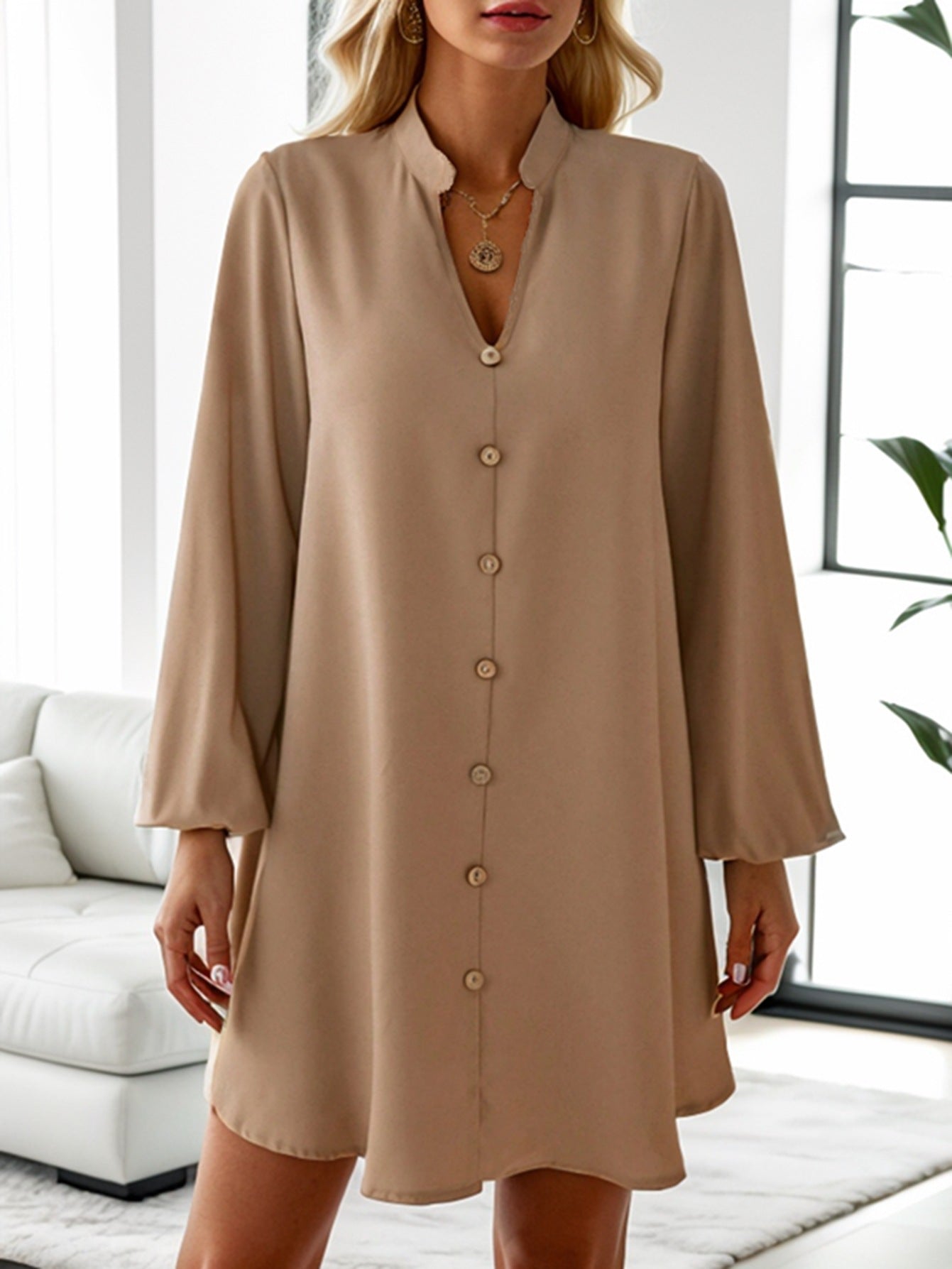 Robe ample à manches longues et simple boutonnage pour femme