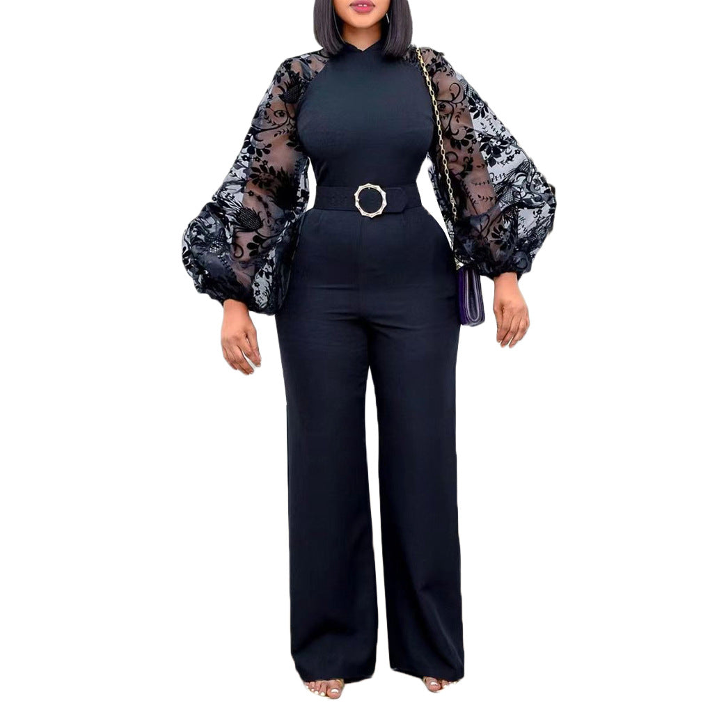 Col montant en gaze pour femmes, manches lanternes, Slim, jambes larges, grande taille