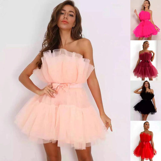 Women's Tube Mesh Graceful Bow Pettiskirt Dress Tops