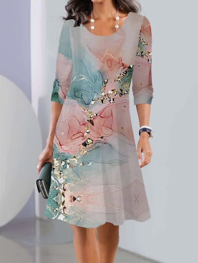 Print Long Sleeve Round Neck Mid-length Dresses