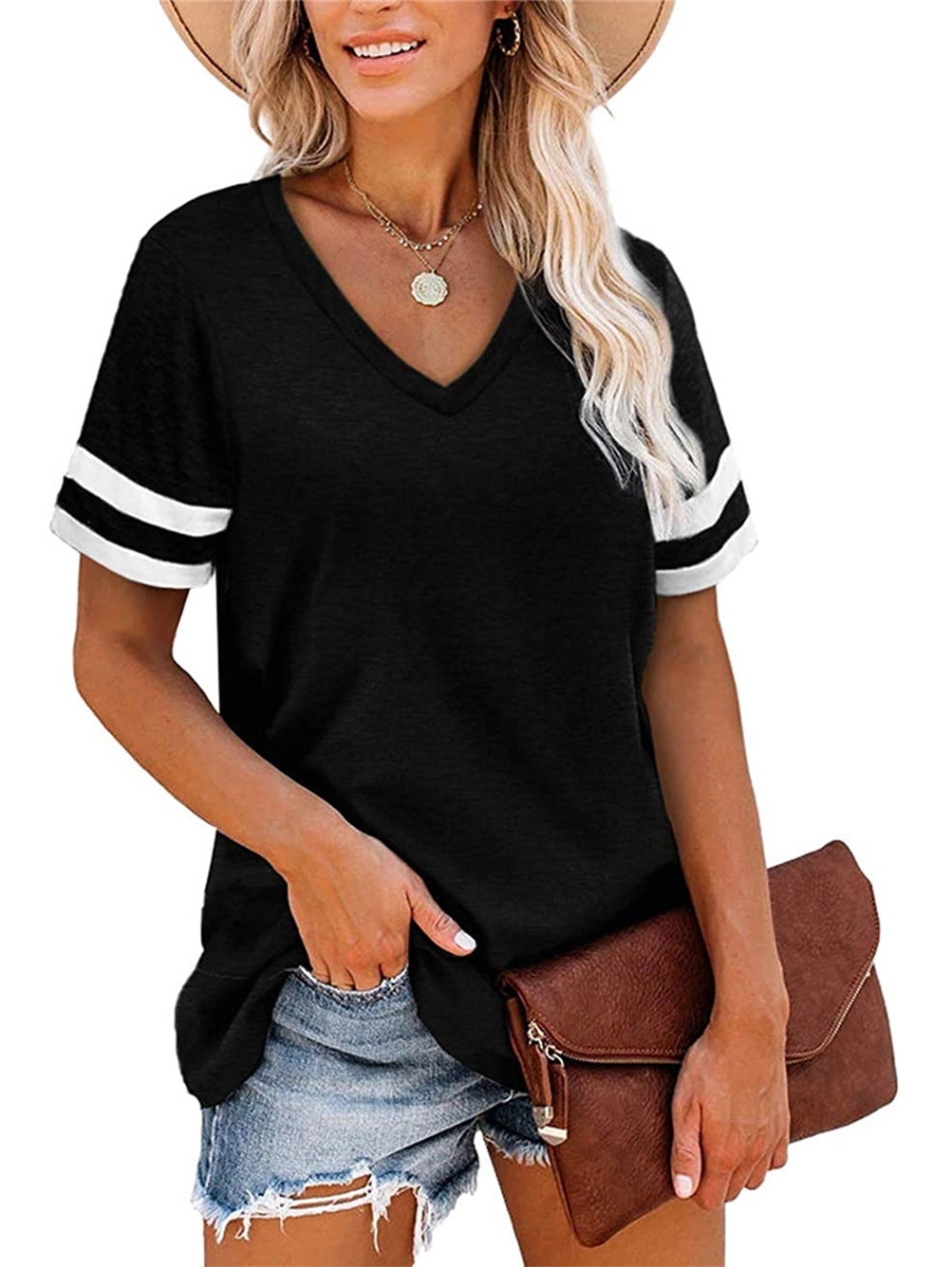 Women's Summer V-neck Sleeve Color T-shirt Loose Shorts