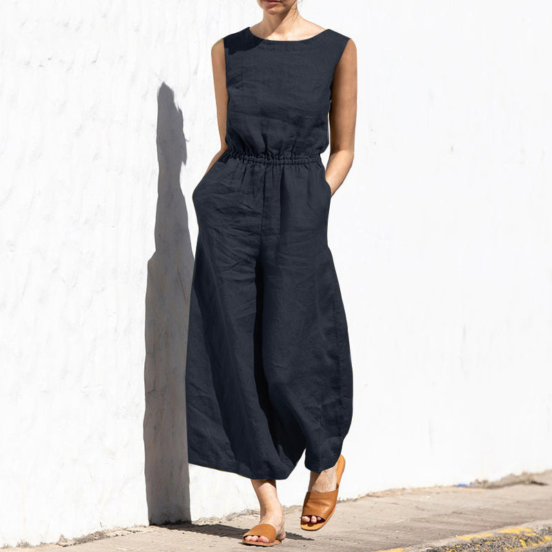 Einfarbiger, ärmelloser, schlankmachender Jumpsuit für den Sommer für Damen mit hoher Taille