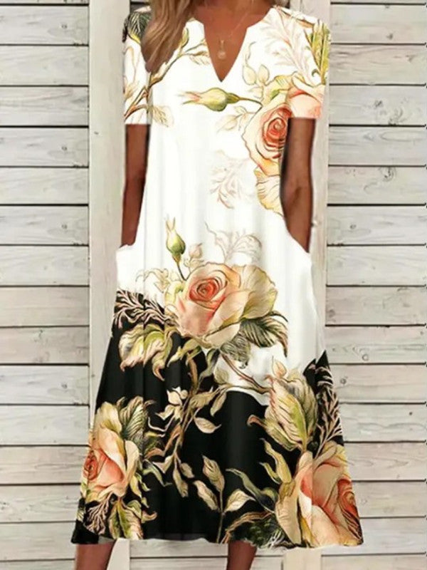 Women's Summer Floral Printed Sleeve Side Pocket Dresses