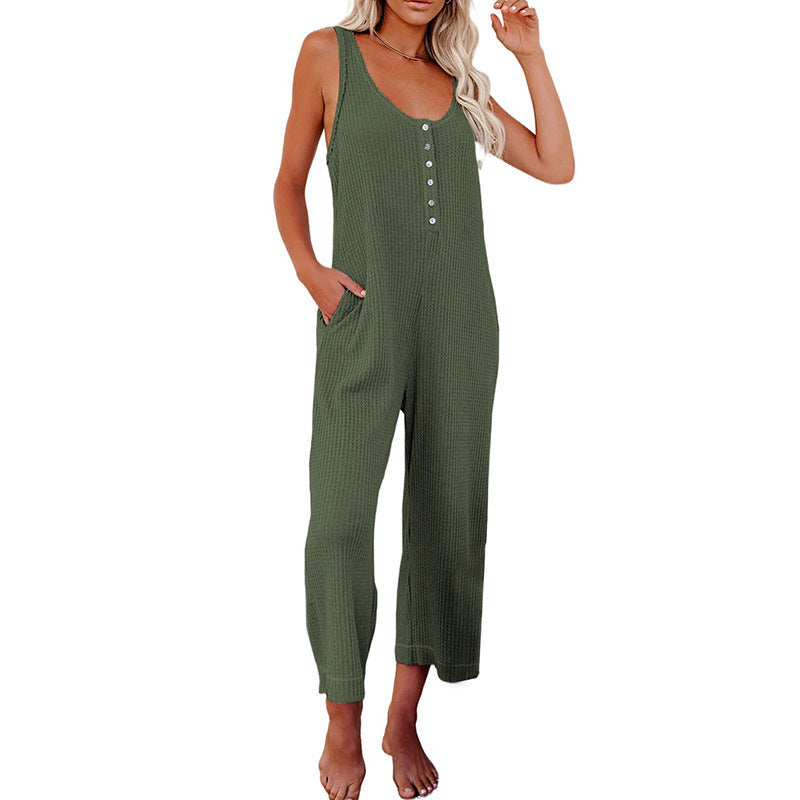 Women's Summer Solid Color Buckle Pocket Casual Jumpsuits