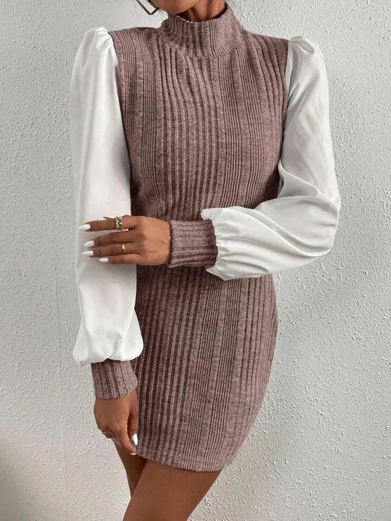 Fleece Rib Fashion High Collar Long Dresses