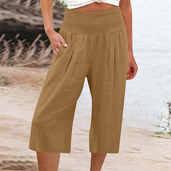 Women's Linen Cropped Waist Smocking Thin Pocket Pants