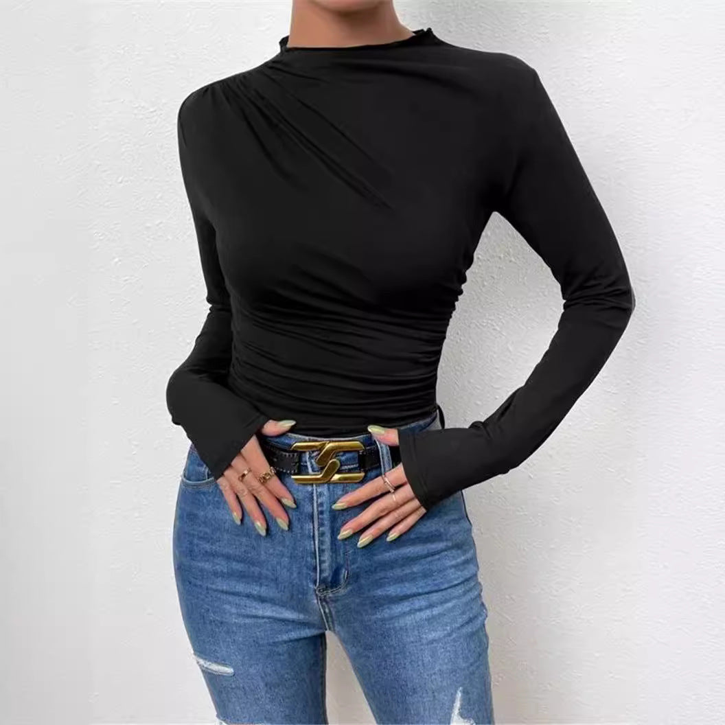 Women's Color Bottoming Shirt Versatile Pleated Design Blouses